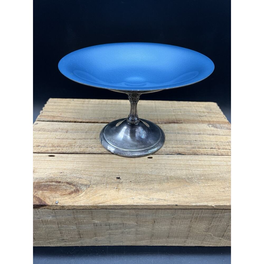 Vintage Reed & Barton USA Deep Blue Enamel Silver Plate Shallow Pedestal Bowl